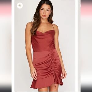 She + Sky Cowl Neck Ruched Dress in Rust